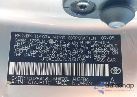 2005 Toyota Prius from USA, damaged, VIN JTDKB20U757050765